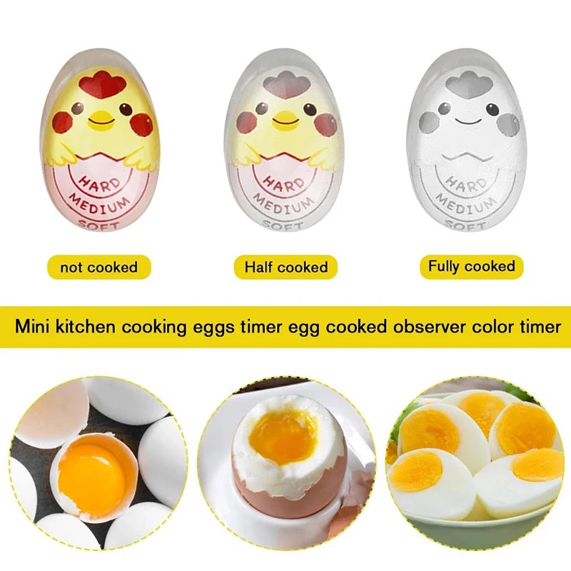 Mini kitchen cooking eggs timer showing stages of egg cooking: not cooked, half cooked, and fully cooked.