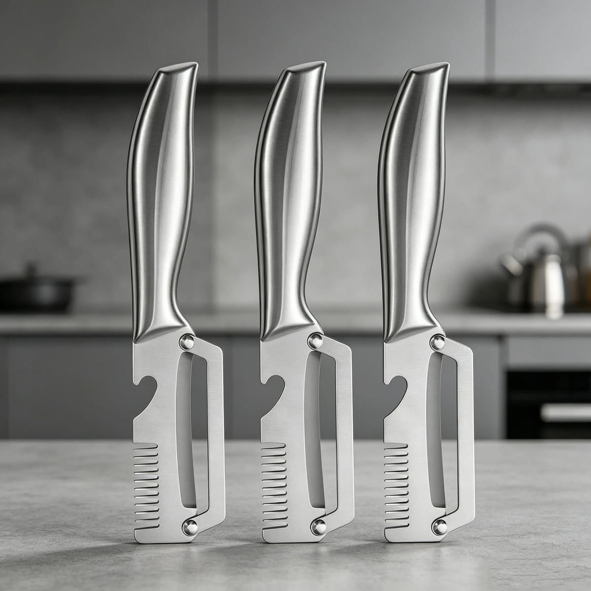 Three stainless steel ergonomic vegetable peelers standing upright on a gray countertop.