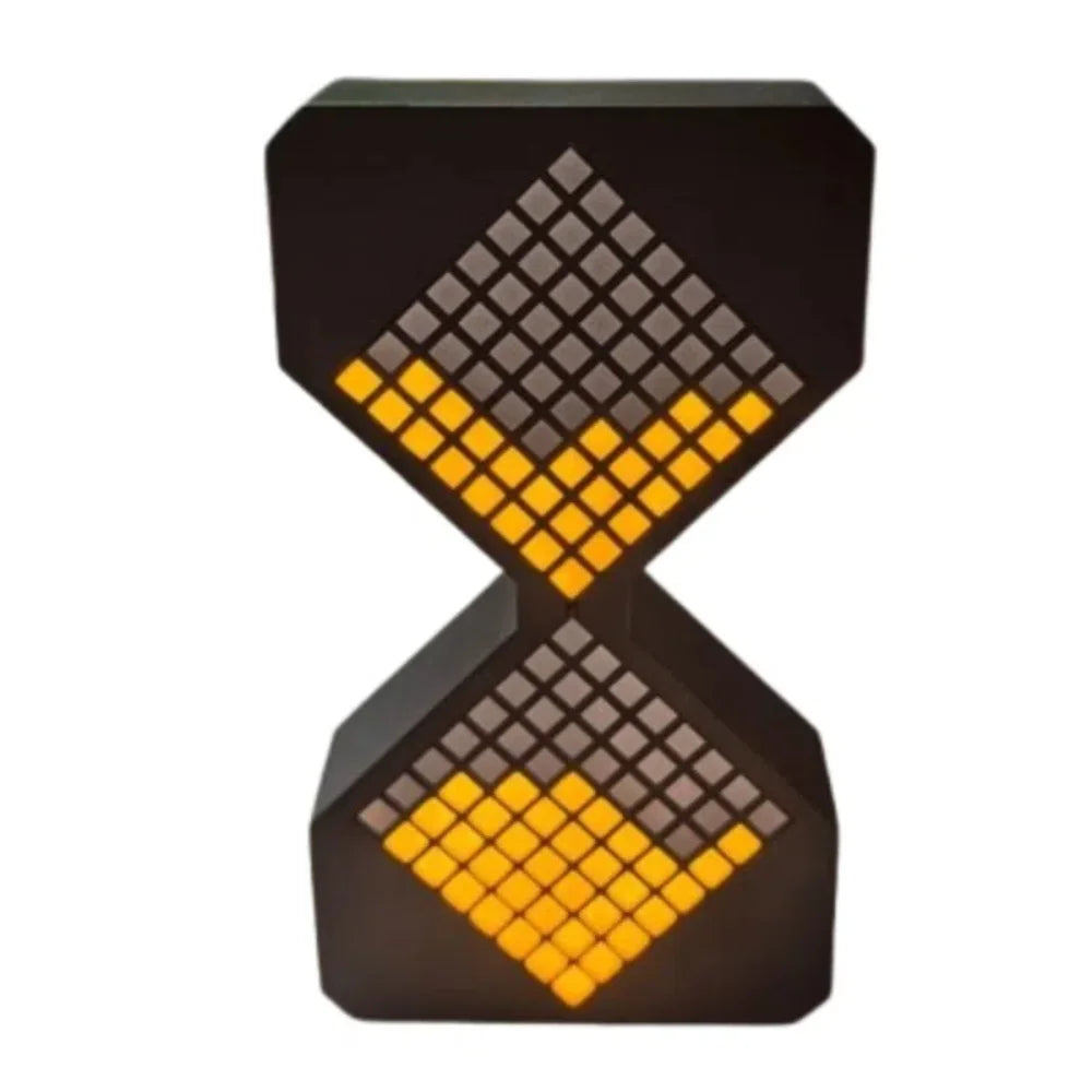 A black digital hourglass timer with an illuminated yellow pattern on its face.