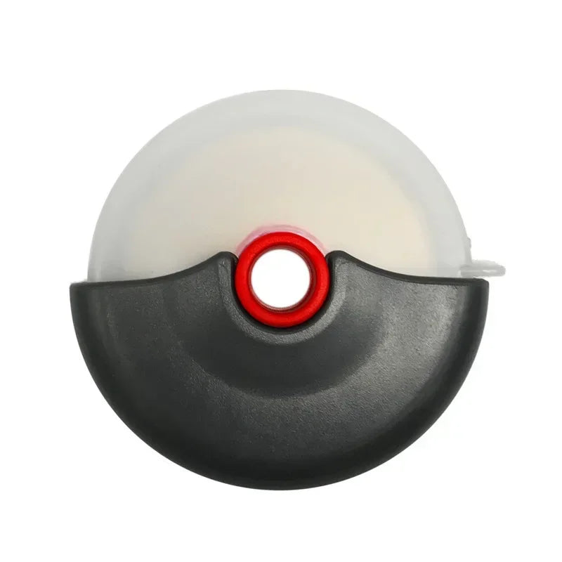 A black pizza dough slicing tool with a clear dome and a red circular opening.