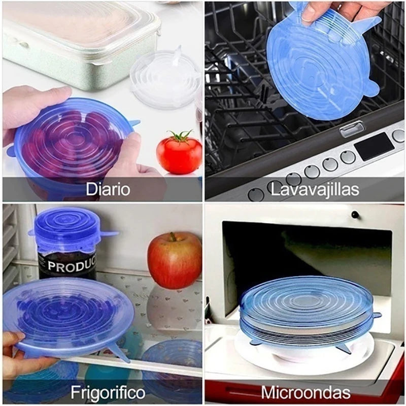 Four images showing reusable silicone food storage lids used for various appliances: Diario, Lavavajillas, Frigorifico, and M