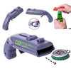 A purple portable beer bottle opener tool with a green cap launcher and a red cap remover.