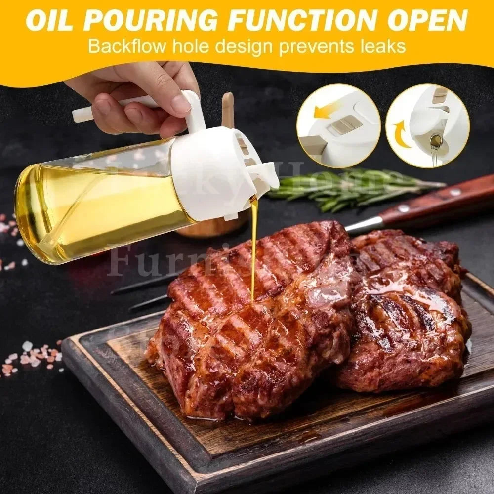 A hand is using an oil pouring function bottle to drizzle olive oil onto a grilled steak on a wooden cutting board.