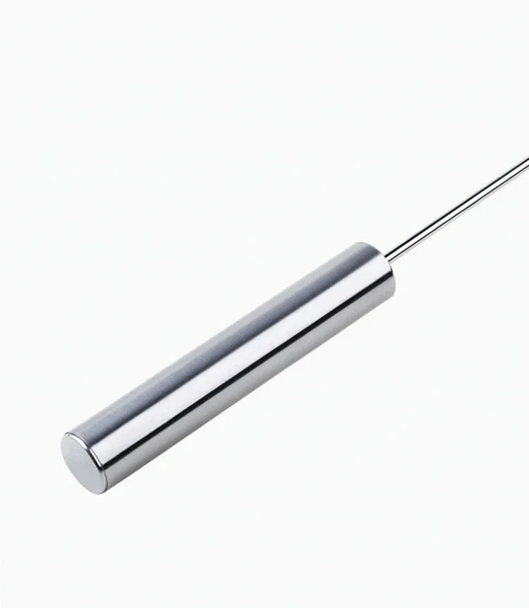 A silver stainless steel semi-automatic egg beater with a long wire attachment.