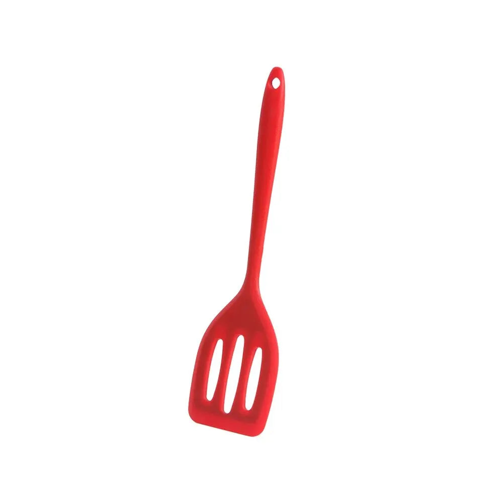 A red silicone flat bottom frying spatula with a long handle.
