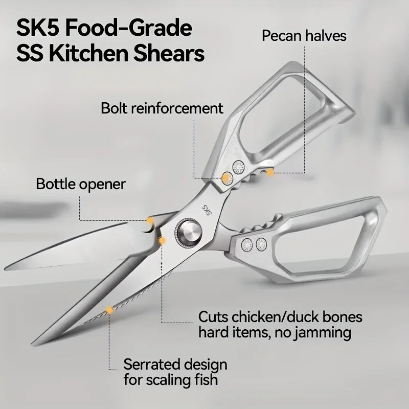 Stainless steel kitchen shears with bolt reinforcement used for cutting bones and hard items