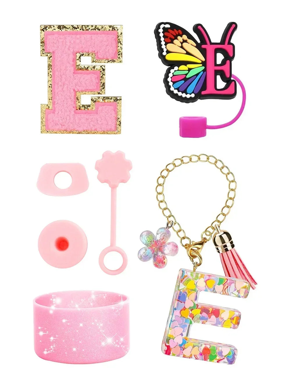 A set of silicone straw covers and a glittery pink tumbler accessory featuring a butterfly charm.