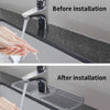 Comparison showing a silicone sink splash guard mat before and after installation on a kitchen faucet.