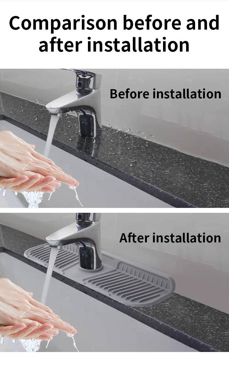 Comparison showing a silicone sink splash guard mat before and after installation on a kitchen faucet.