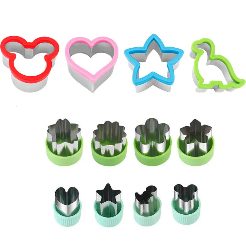 A collection of stainless steel sandwich cutters in various shapes and colors including heart, star, and leaf designs.