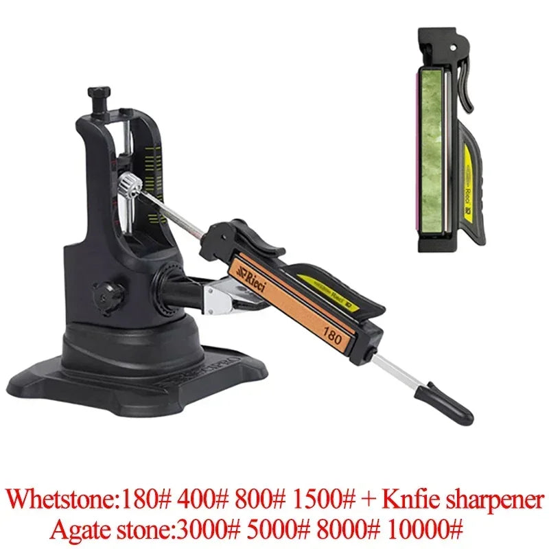 A professional diamond knife sharpener set featuring various stone grades including 180 to 10000