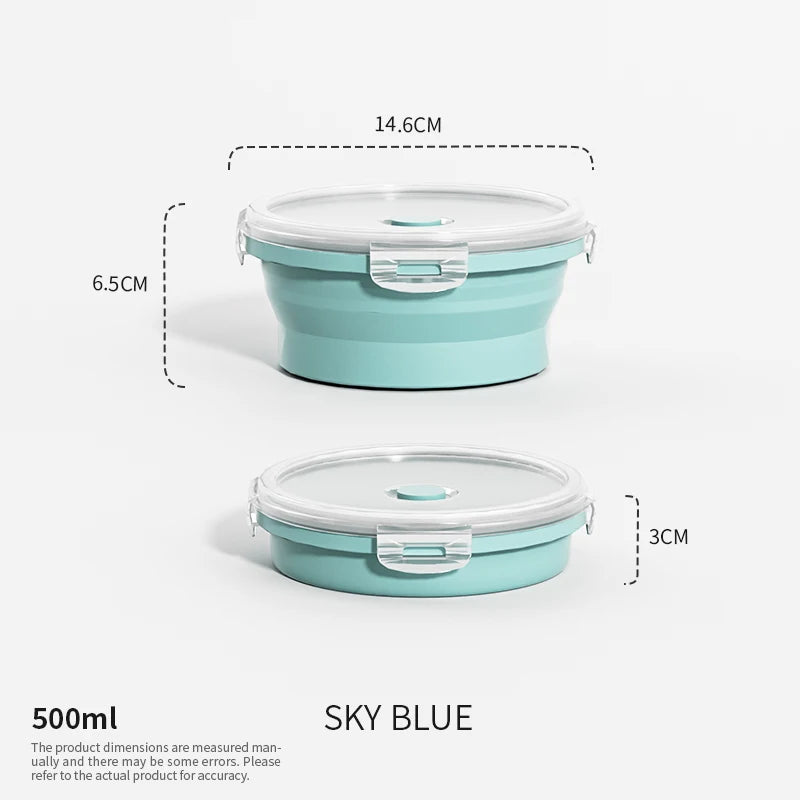 Contenedor de silicona azul claro plegable para almacenar comida con tapa, visto desde arriba y abajo.
