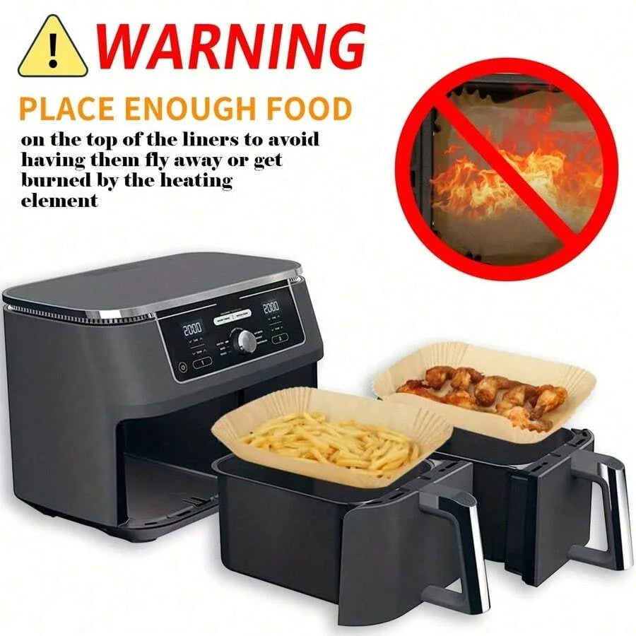 A black reusable silicone baking mat is shown with a warning about placing food on the liners to avoid flying or burning.