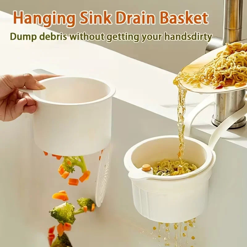 A hanging sink drain basket is shown dripping food debris into a bowl.