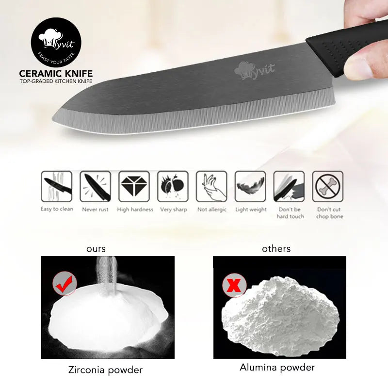 A black ceramic chef knife is shown with various features and compared to zirconia and alumina powders.