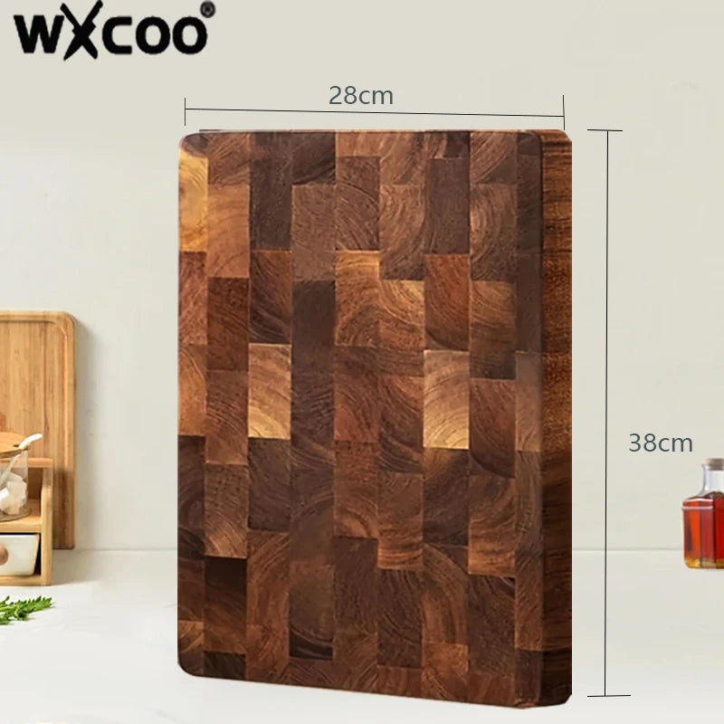 A rectangular dark brown wooden cutting board with a checkered pattern, shown standing upright.