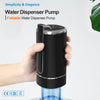 A hand is holding a black, foldable water dispenser pump, which is used to dispense water from a bottle.
