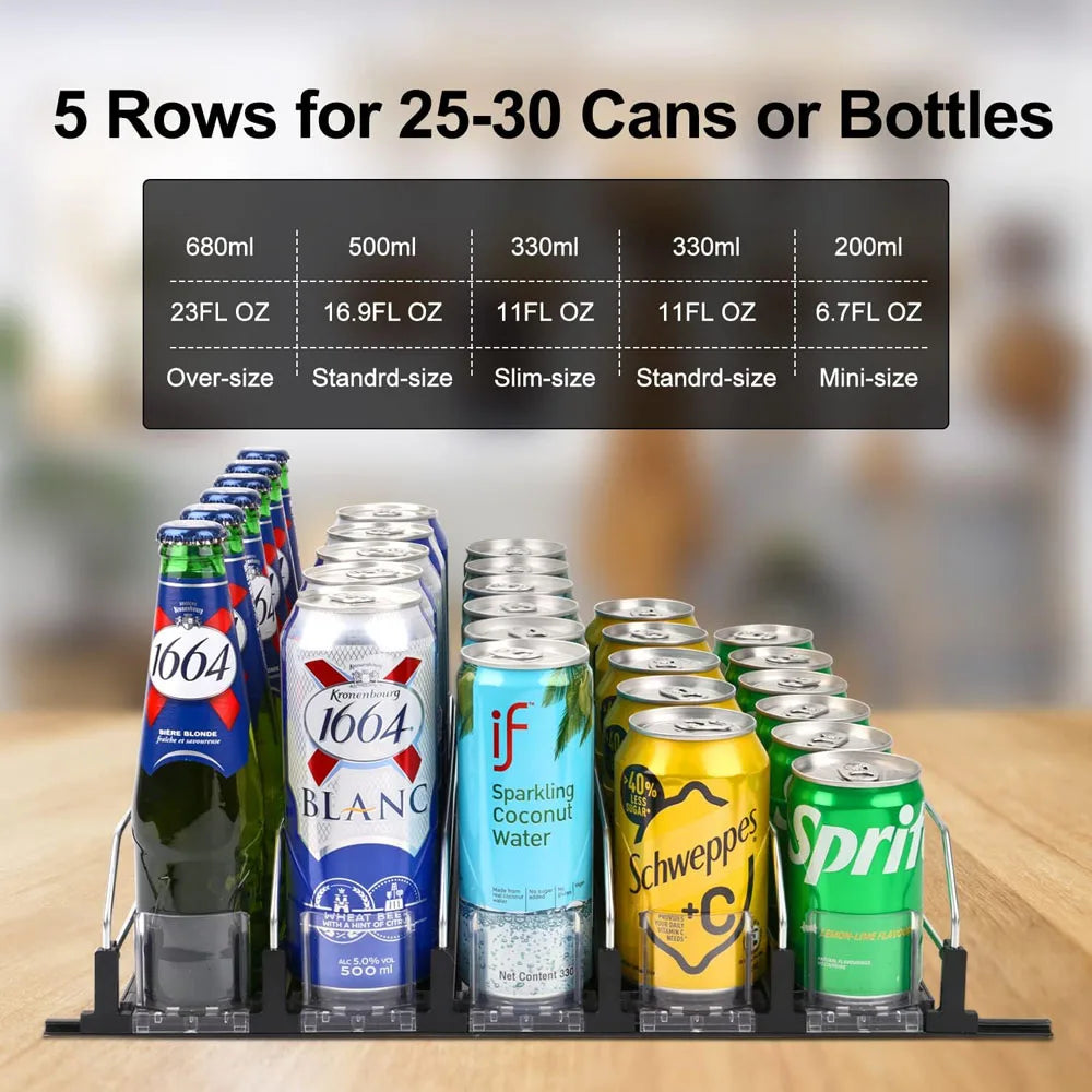 A black organizer rack holds five rows of various size cans and bottles for storage.