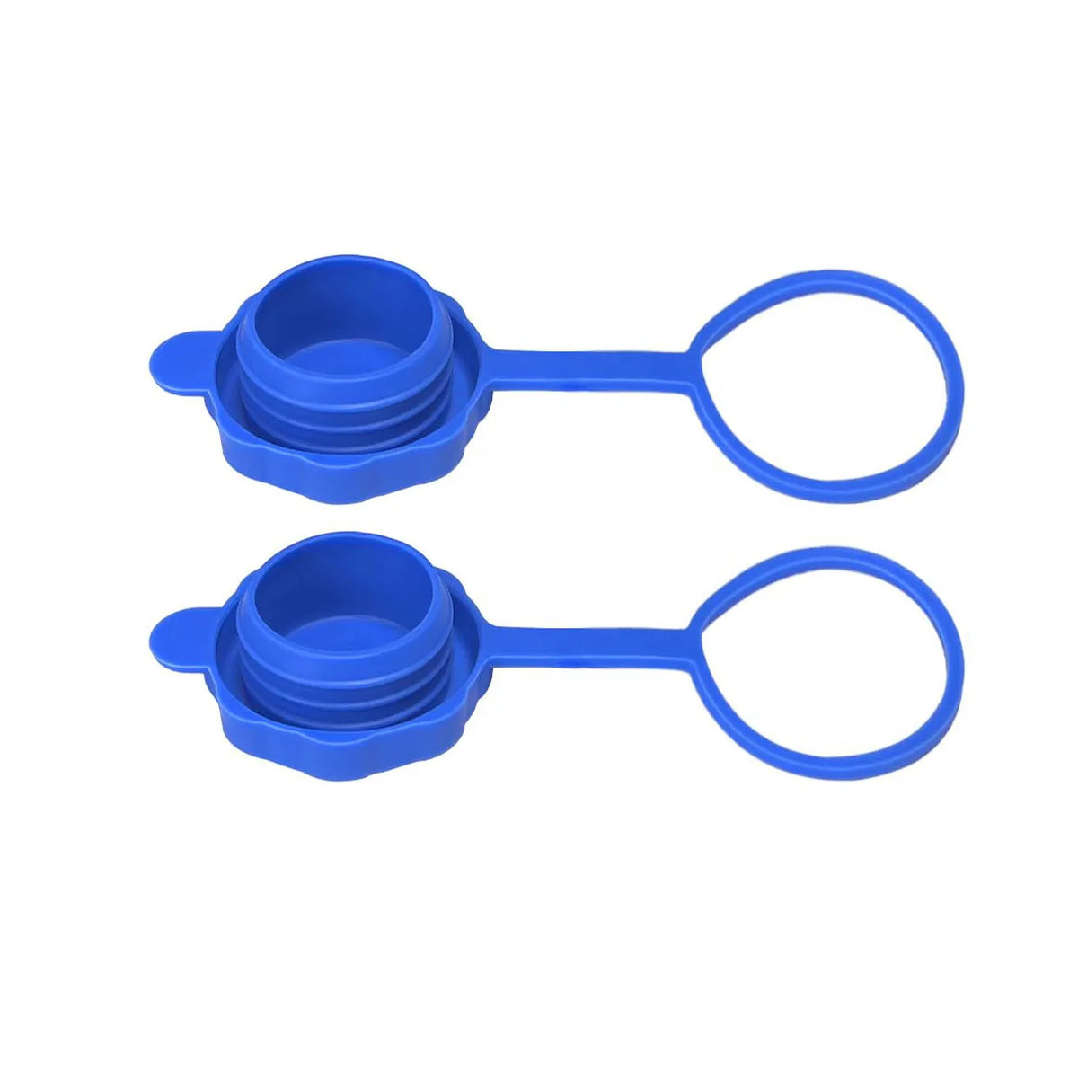 Two blue reusable silicone jug lids for water bottles