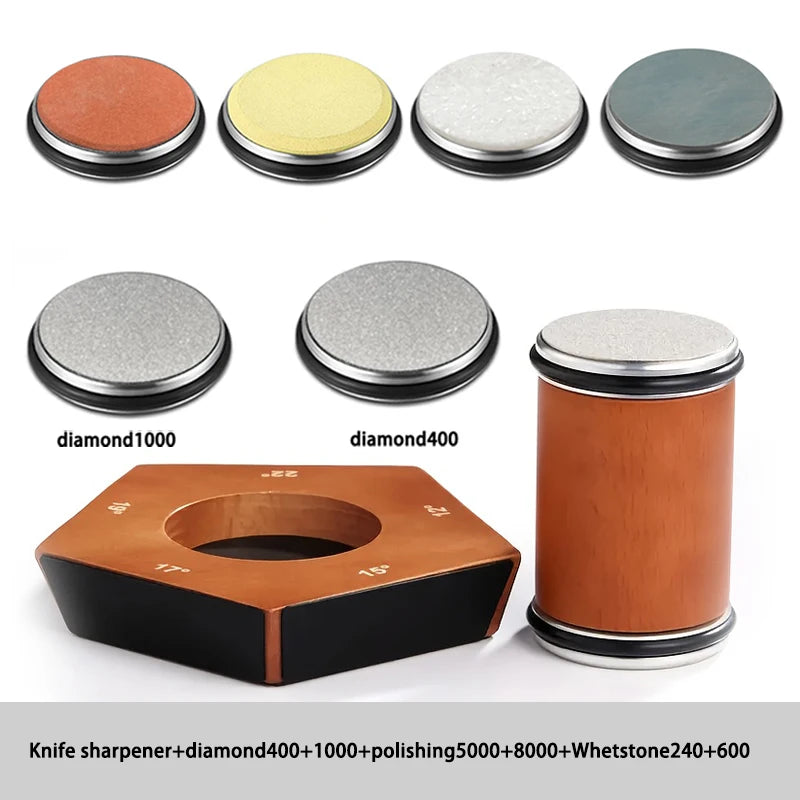 A set of diamond sharpening stones and a wooden knife sharpener for various tools.