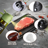 A glass oil sprayer for cooking showing various components including a TPE cap, food grade silicone conduit, and a meat cut o
