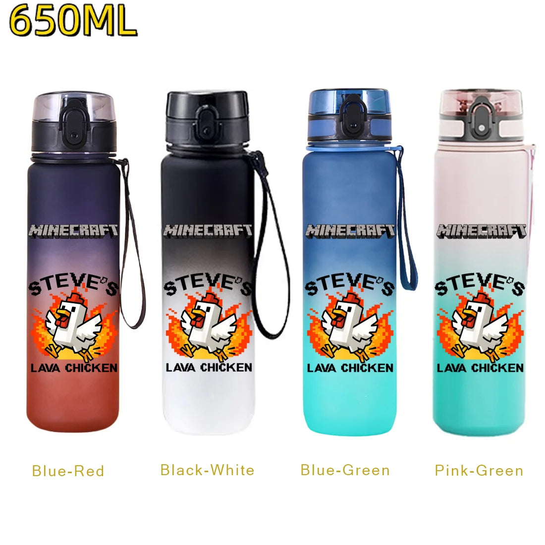 Five different colored insulated sports water bottles featuring a Minecraft Steve character design.