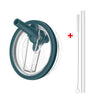 A teal leak-proof lid for a tumbler is shown next to its disassembled components.