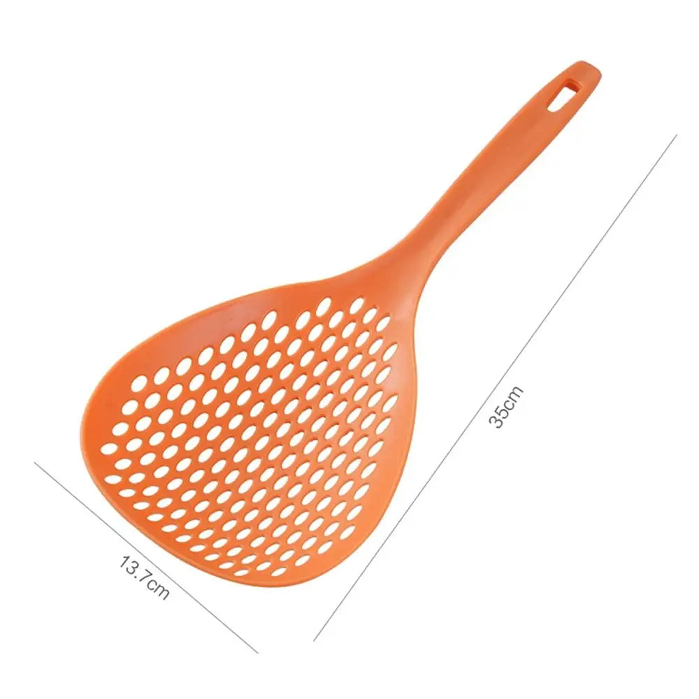 Orange kitchen strainer and skimmer set with a long handle