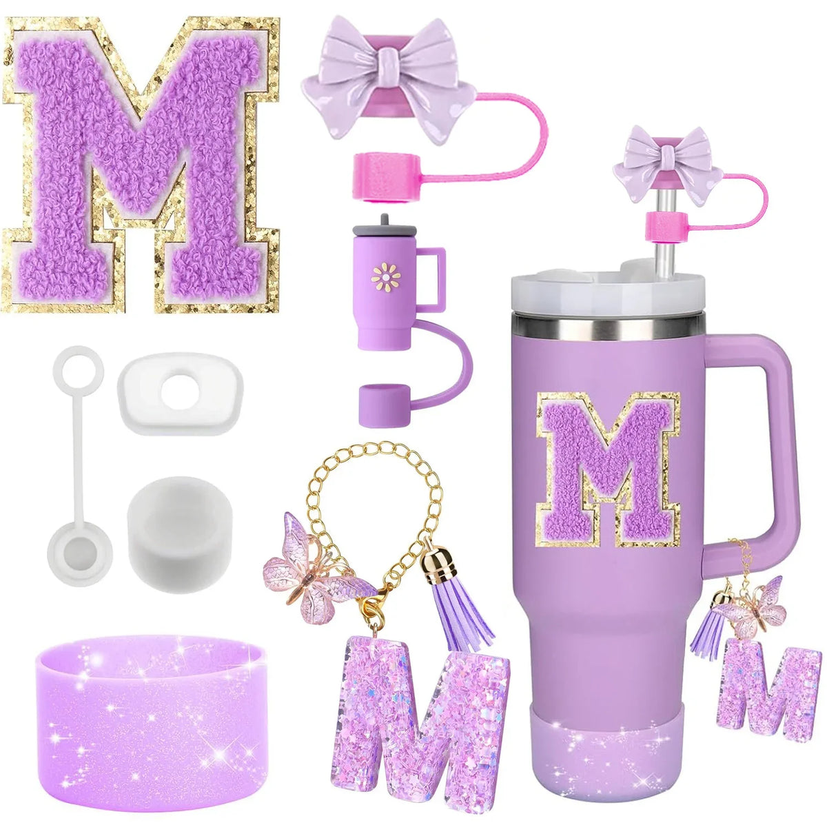 A set of purple silicone straw toppers and accessories for tumblers, including a large letter M and various pink components.