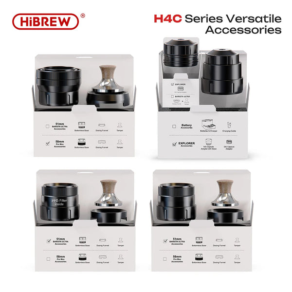 H4C Serie vielseitige Zubehörteile für ein tragbares Espressokaffeekit, zeigt verschiedene austauschbare Komponenten.