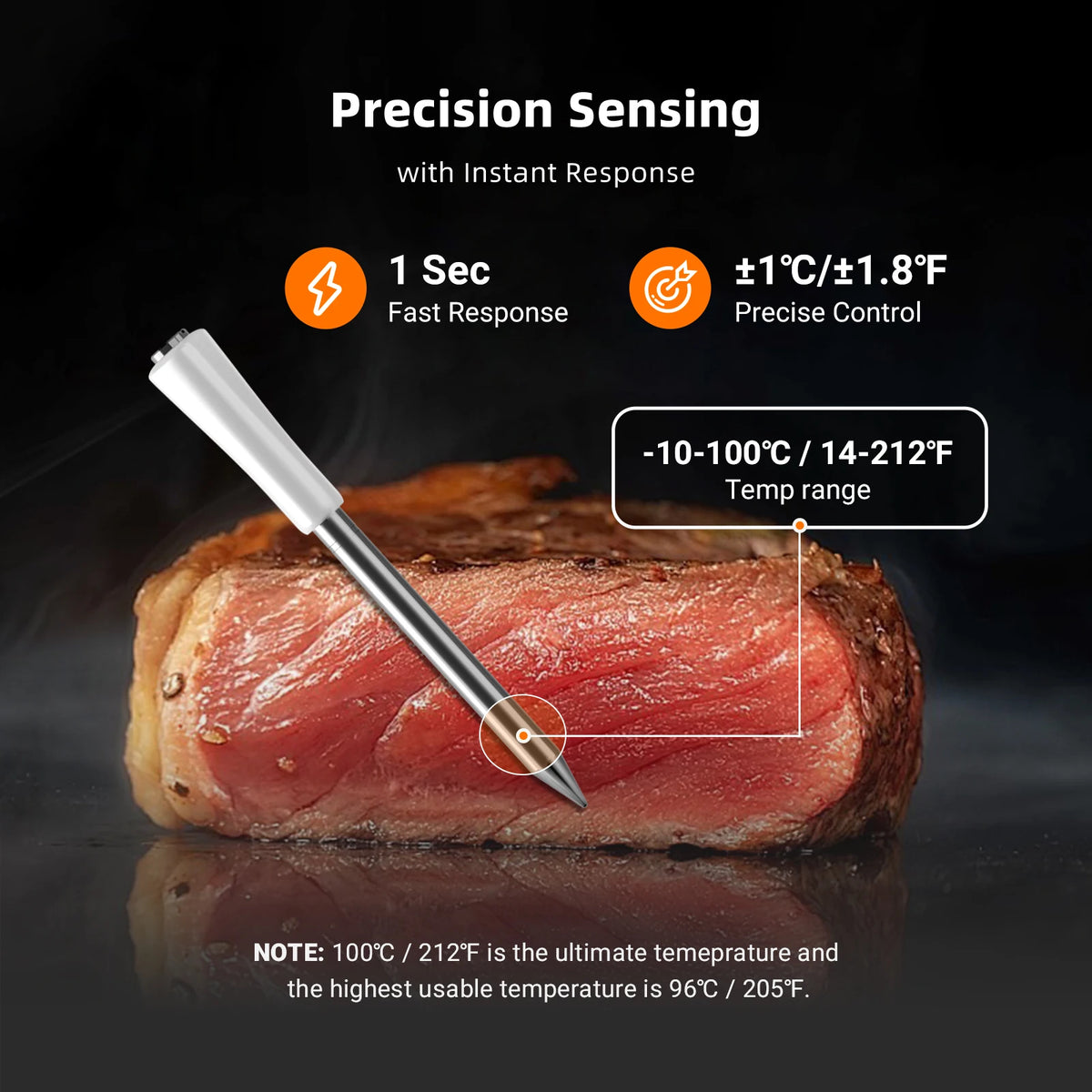 A precision sensing meat thermometer is shown piercing a piece of raw meat, demonstrating fast response and temperature contr