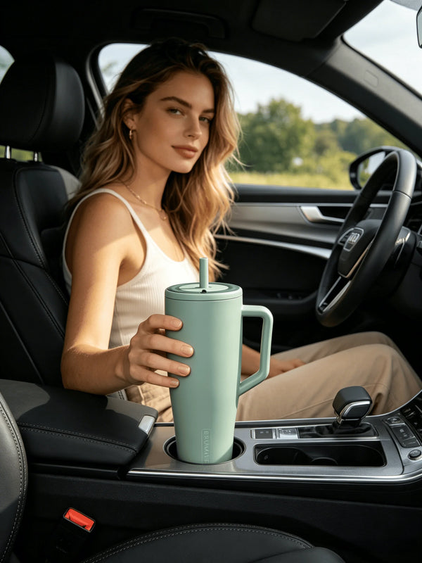 Eine Frau hält einen hellgrünen isolierten Edelstahlbecher mit Strohhalm in einem Auto.
