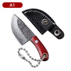 A portable stainless steel fruit knife with a black leather sheath and a metal keychain.
