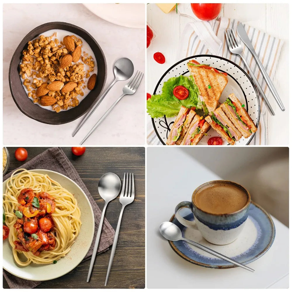 A collection of fine dining flatware including forks and spoons set on a white background.