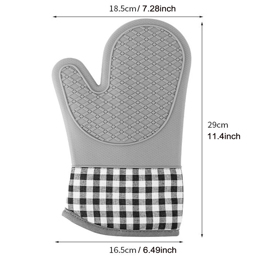 Gray silicone oven mitts with a checkered fabric cuff and quilted liner.