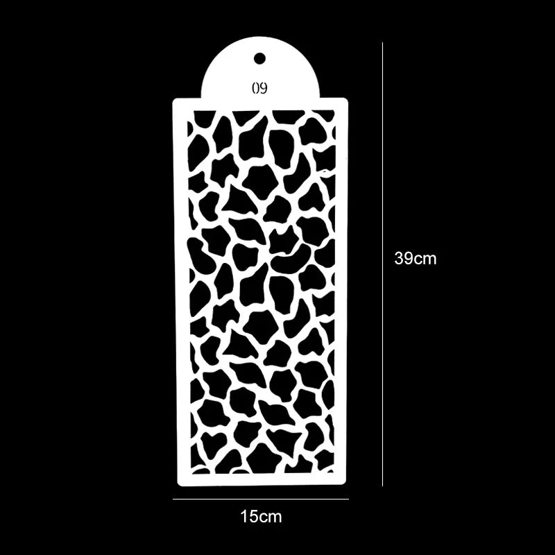 White plastic cake stencil set with a perforated design and a round top, shown against a black background.