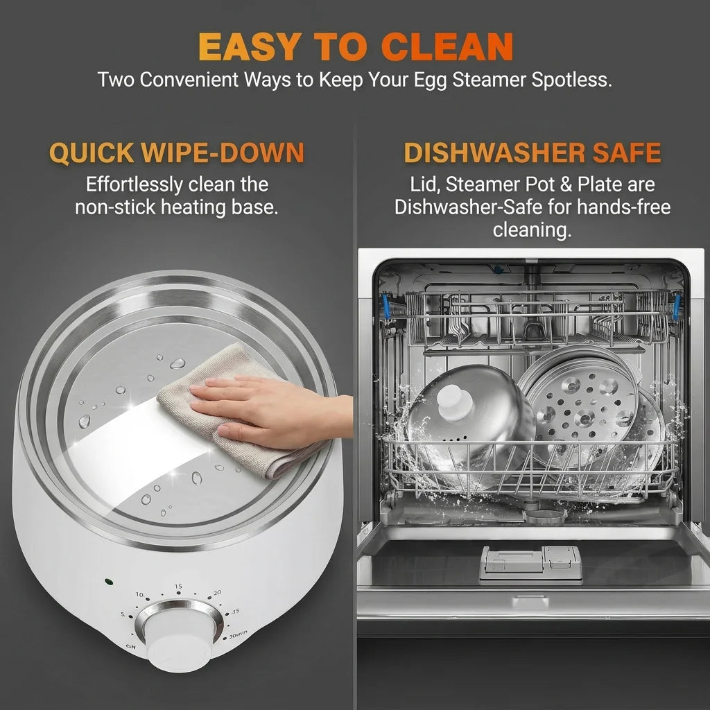 A white electric steamer pot is shown with a hand cleaning the lid and an interior view of the unit being washed in a dishwas