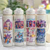 Four white insulated water cups featuring various cartoon and fantasy character prints