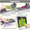 Operation steps showing how to use a multi-functional vegetable chopper and fruit slicer set.