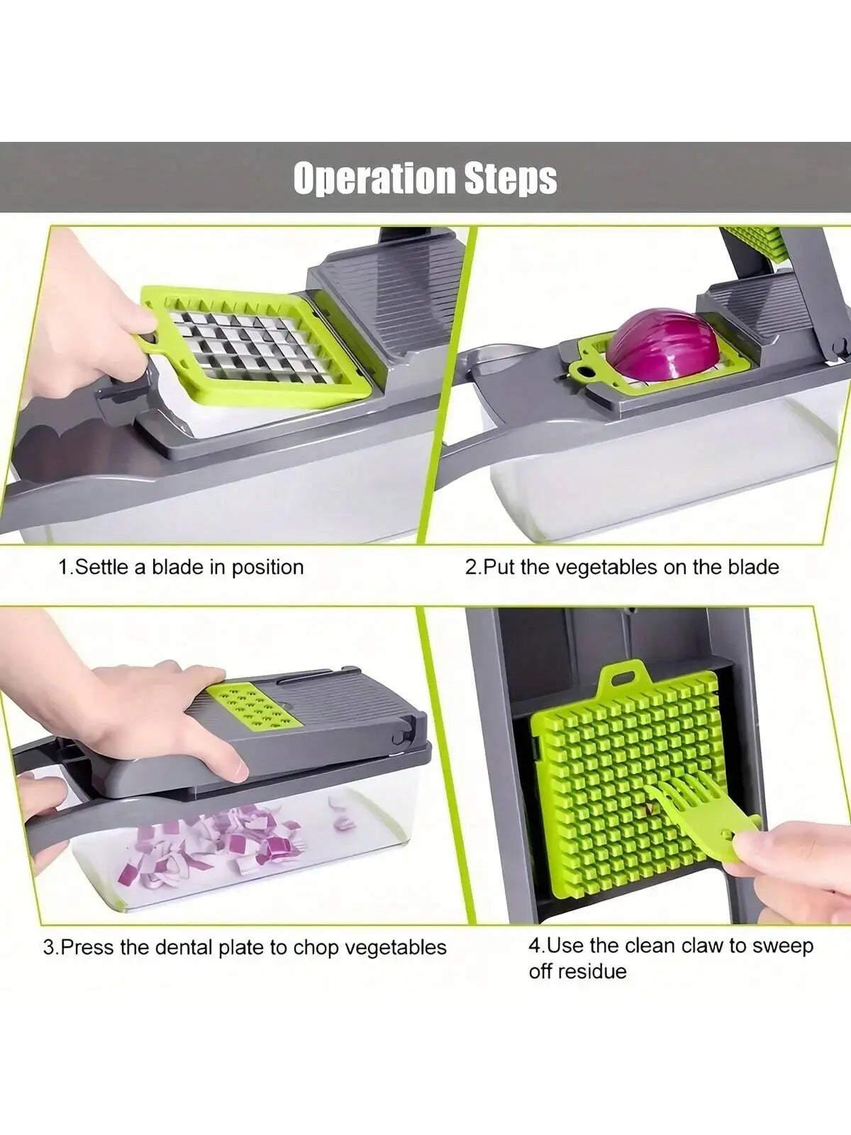 Operation steps showing how to use a multi-functional vegetable chopper and fruit slicer set.