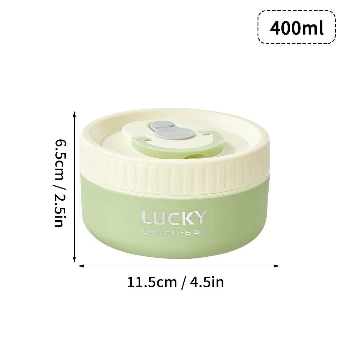 A light green portable stackable thermal lunch box with a lid, measuring 6.5cm wide and 2.5in deep.