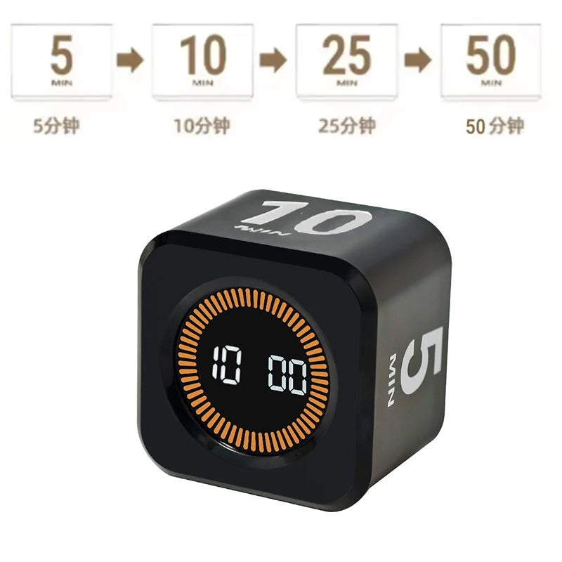 A black productivity cube timer displaying 10:00, with options for 5, 10, 25, and 50 minutes.