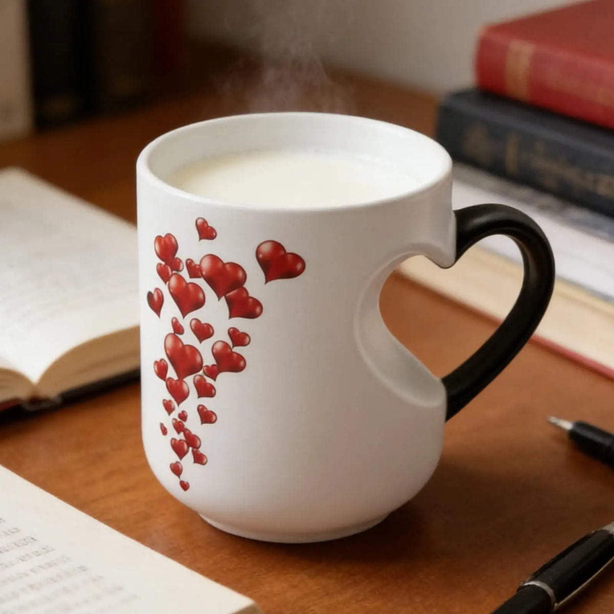 A white ceramic mug with a heart-shaped design is shown, emitting steam on a wooden surface.