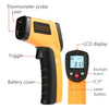 A professional digital infrared thermometer in orange and black, showing its components like the probe, laser, LCD display, a
