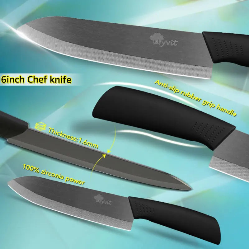 A 3-piece ceramic chef knife set featuring a black anti-slip rubber grip and a silver blade.