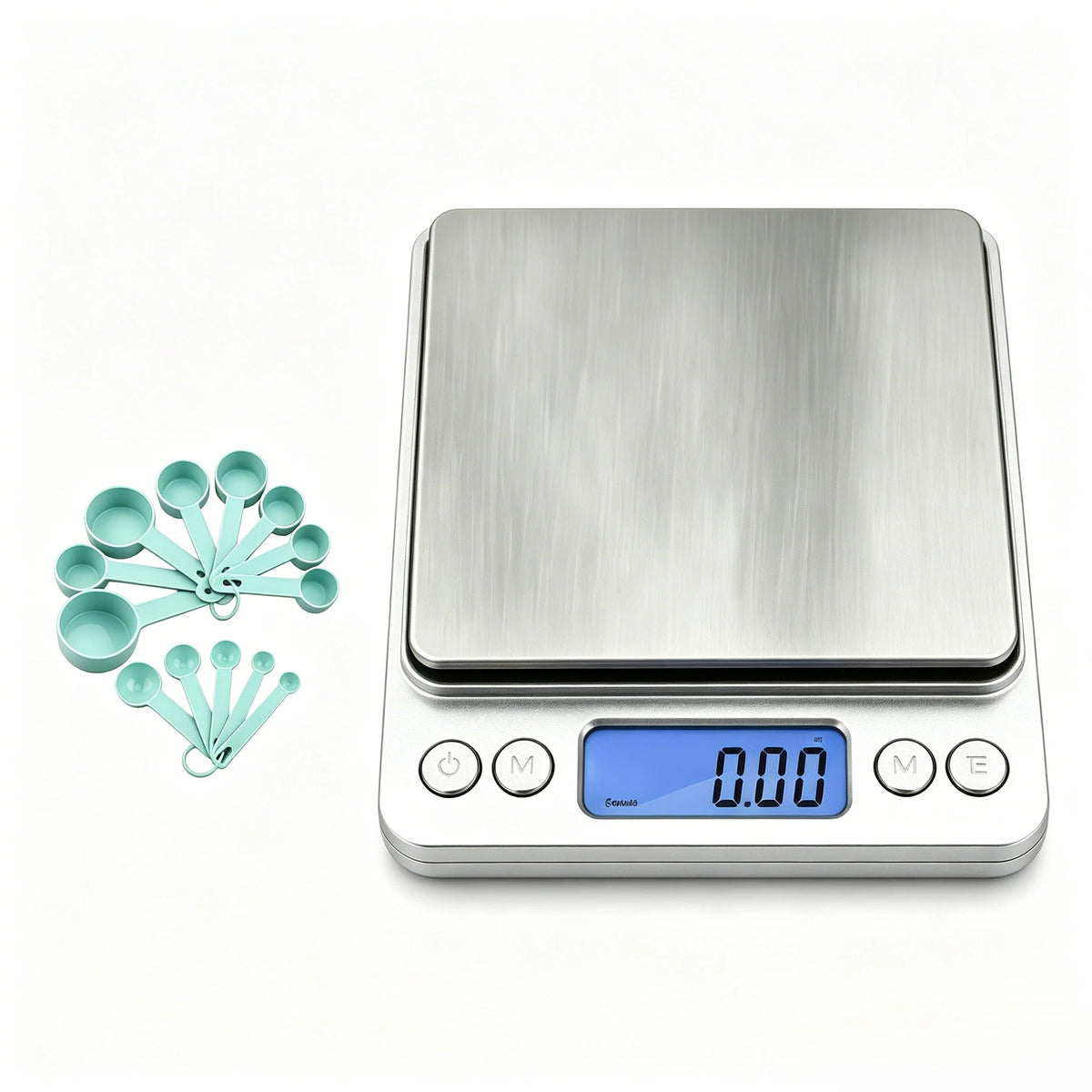 A silver digital kitchen scale with a blue display and multiple measuring cups shown next to it.