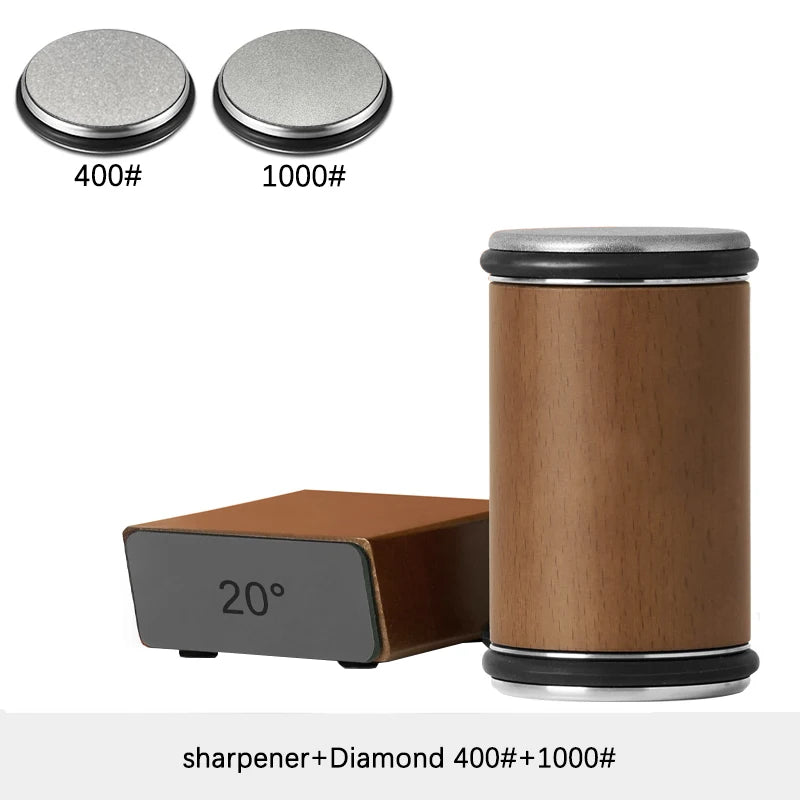A wooden knife sharpening roller with a silver cap and a dark base, shown next to two diamond sharpening discs.