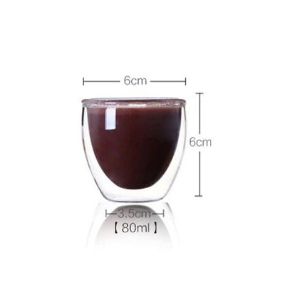 A brown heat resistant double wall glass drinking cup with dimensions 6cm high and 3.5cm wide, holding 80ml.