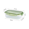 A clear, rectangular airtight storage box with a green lid and silicone seal, shown with dimensions.
