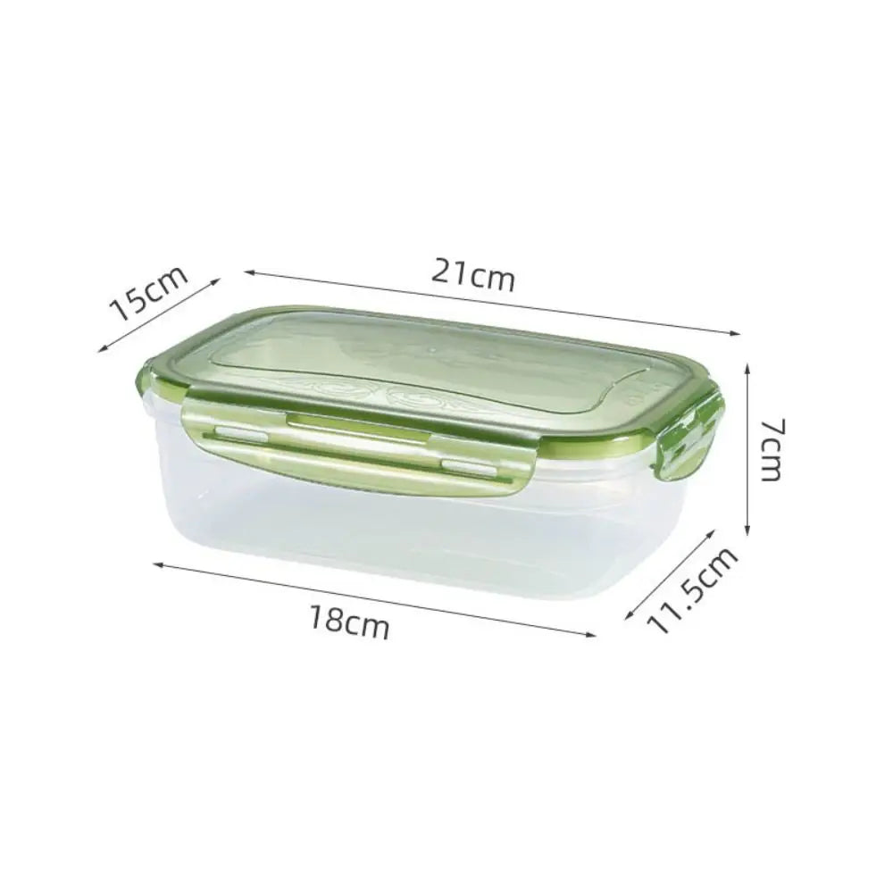 A clear, rectangular airtight storage box with a green lid and silicone seal, shown with dimensions.